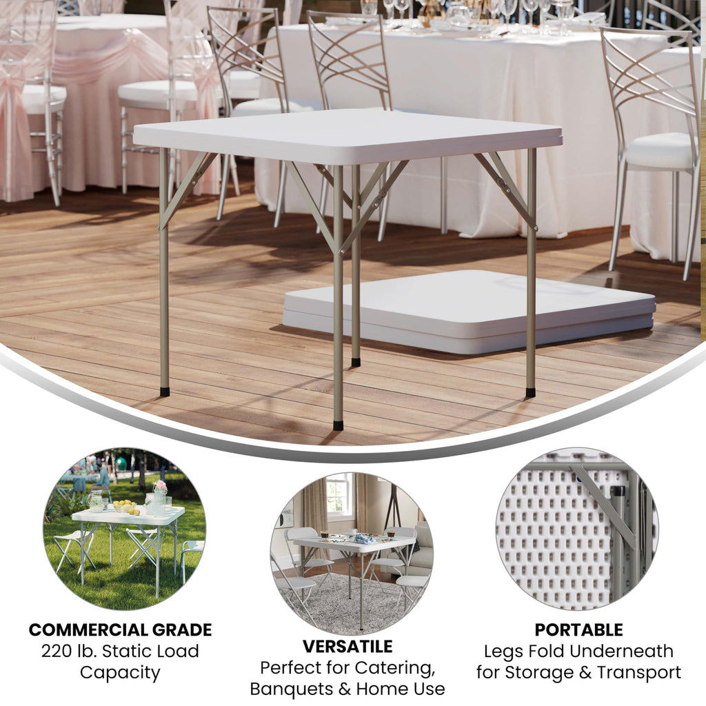 Elon Square Plastic Folding Table, Portable Dining Card Table for 4 People, Indoor-Outdoor Use, 34.25", Granite White