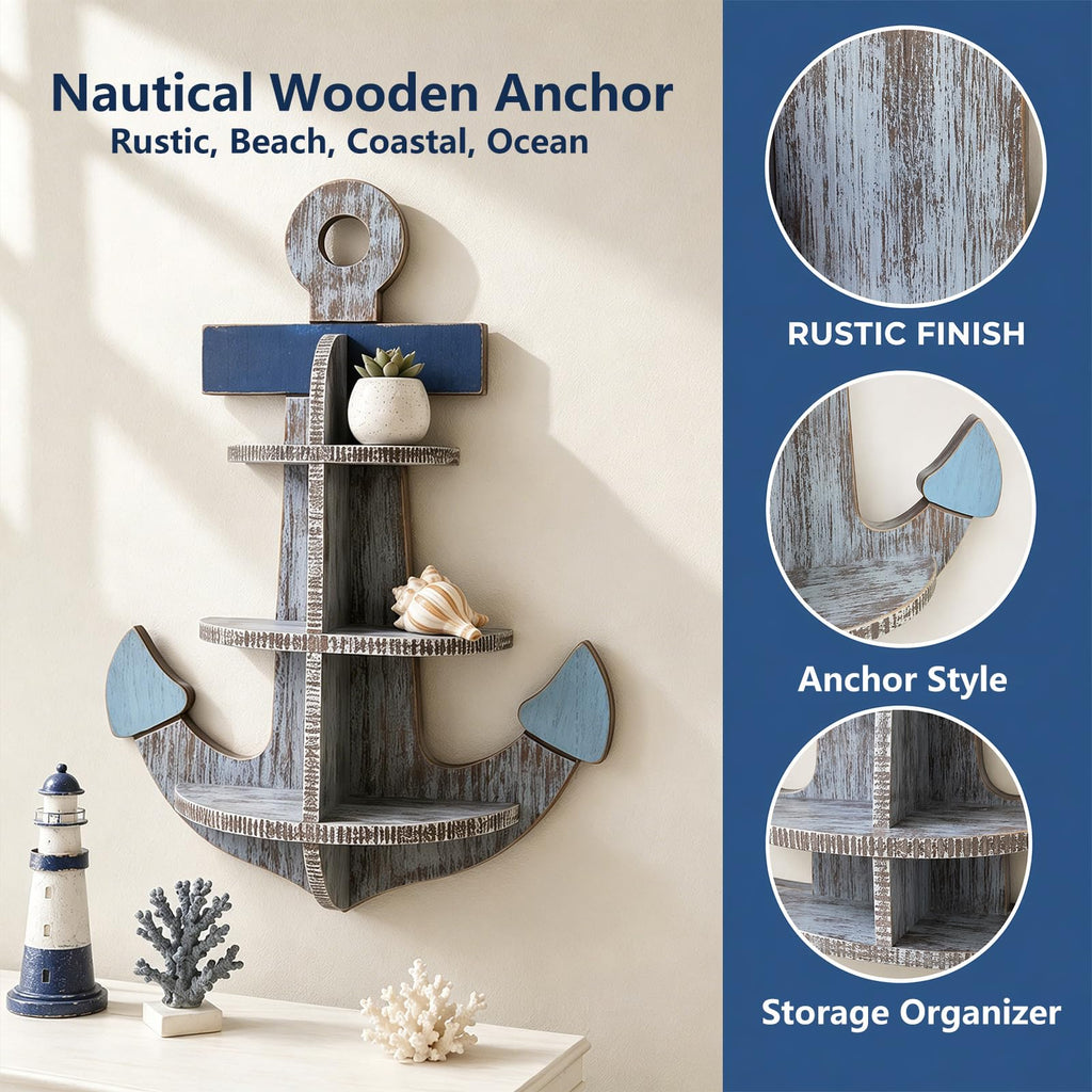 23.6" Nautical Wooden Anchor Wall Shelf, Rustic Blue Wood Anchor Beach Decor Shelf, Coastal Wall Art Decor -Ocean