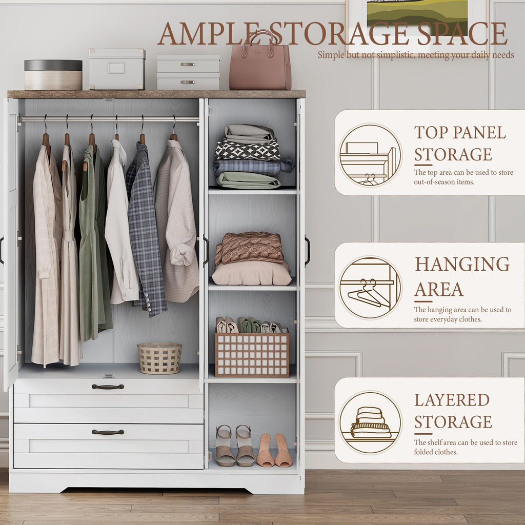 62" Wooden Armoire Wardrobe Closet with Mirror, White, 3 Doors