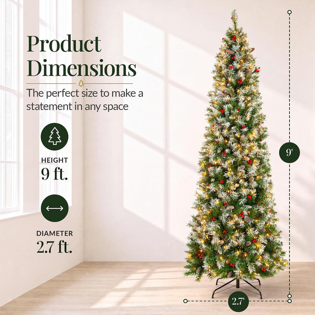 Pencil Christmas Tree Pre-Lit w/Viral Twinkling Lights, Slim Pre-Decorated Artificial Frosted Pine Skinny Holiday