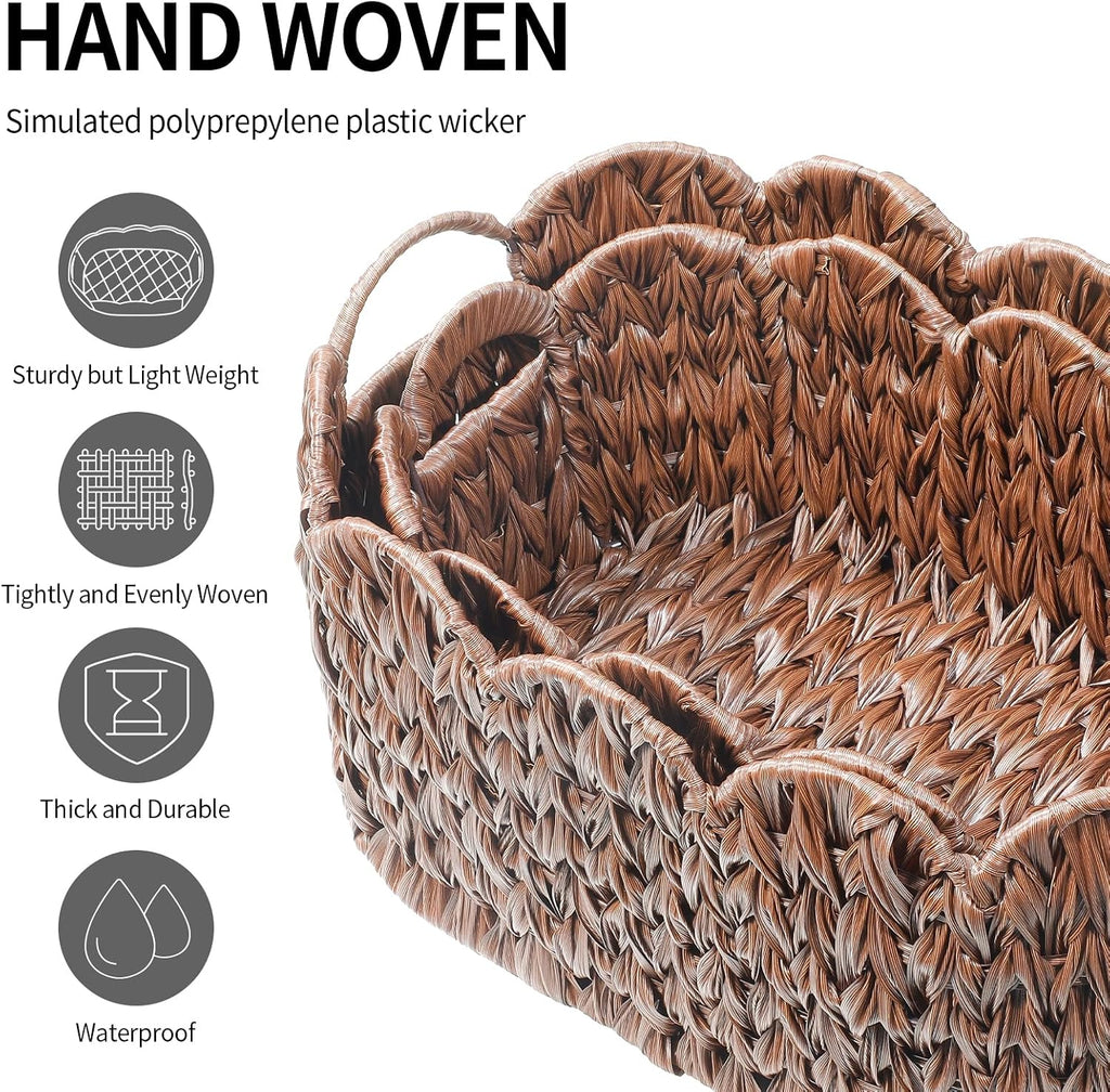 Wicker Scalloped Basket Set of 2,Woven Storage Baskets for Shelves,Closet,Laundry,Gift,Towels,Books,Toys,Waterproof