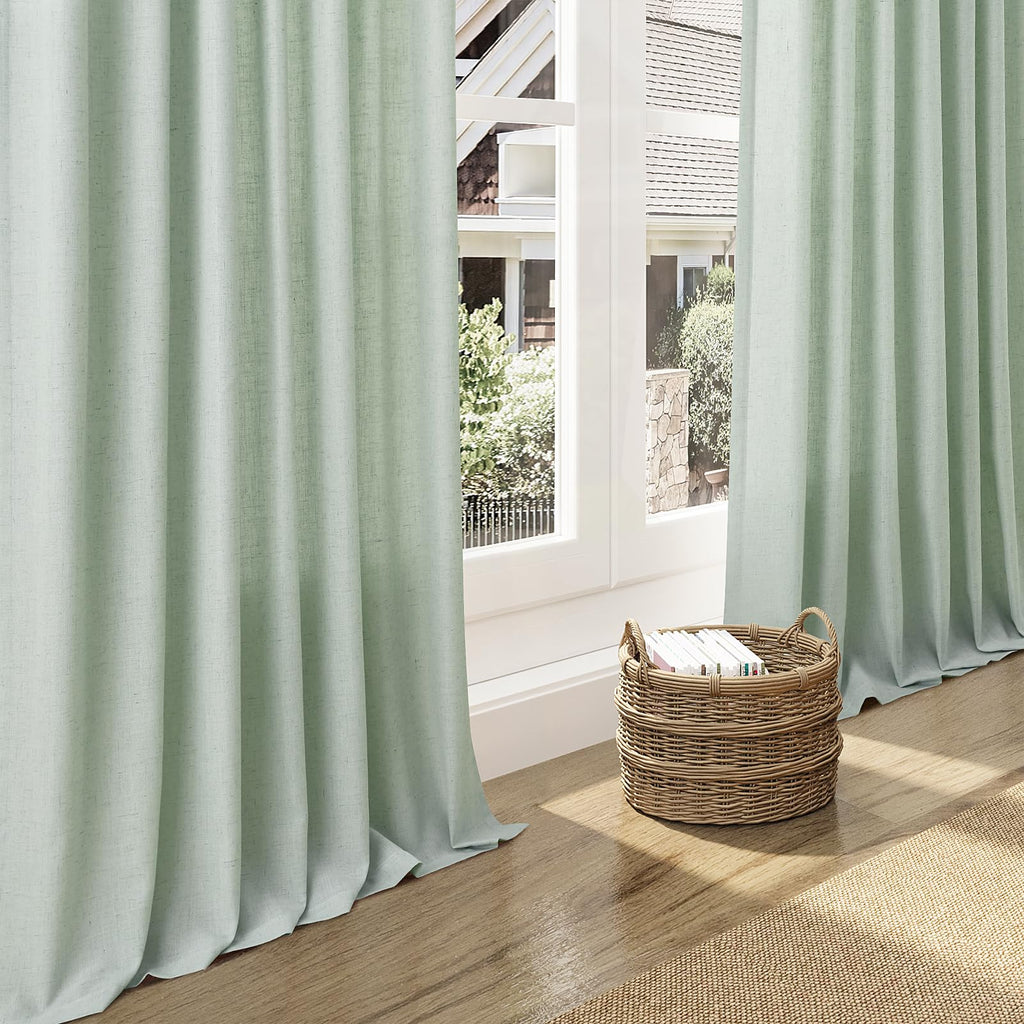 Aqua Green Linen Curtains Semi Sheer 96 Inches Long 2 Panels Set Back Tab Rod Pocket Light Filtering Drape Modern