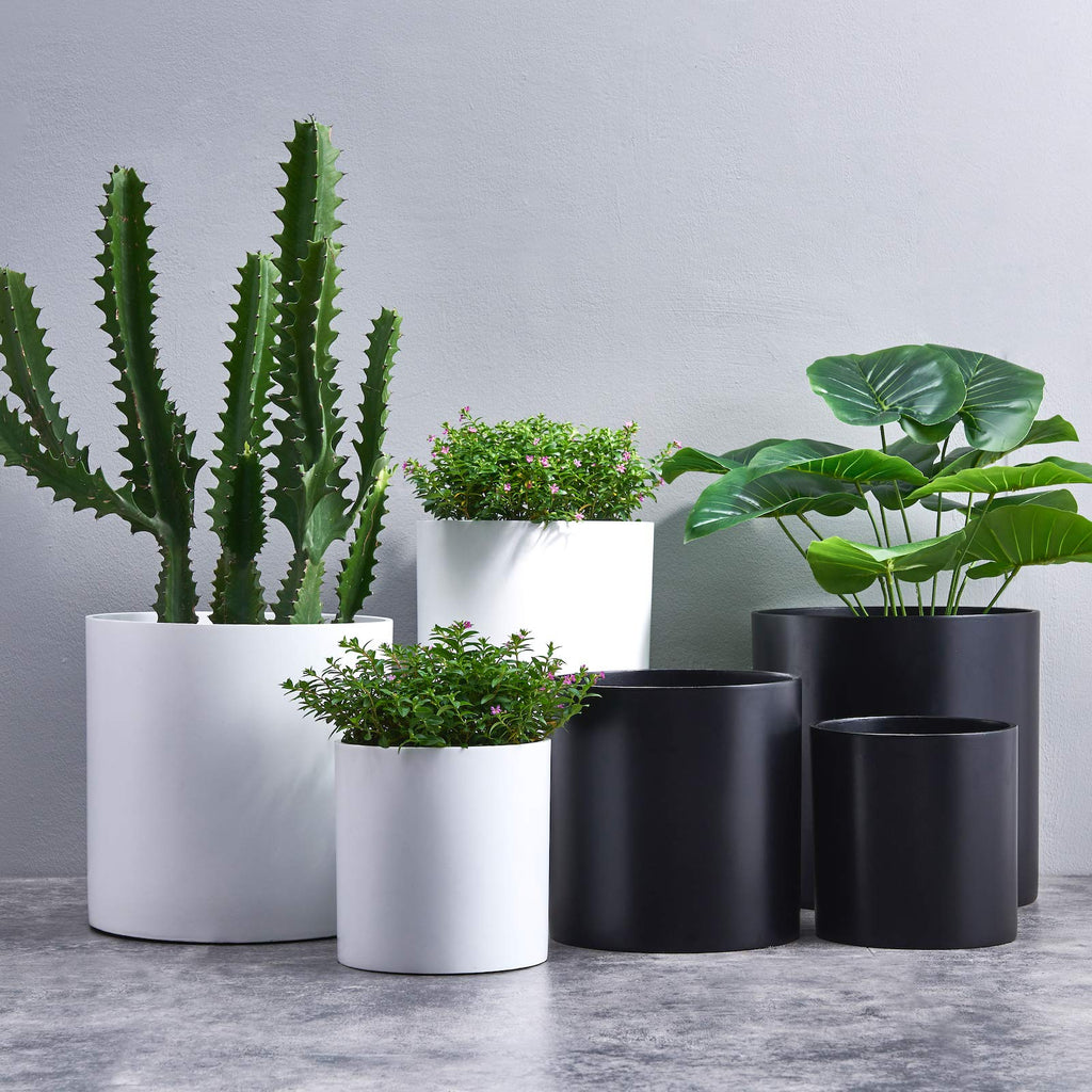 8 Inch Fiberstone Planter - Lightweight Modern Cylinder Plant Pot with Drainage Hole & Plug, Indoor Outdoor Use