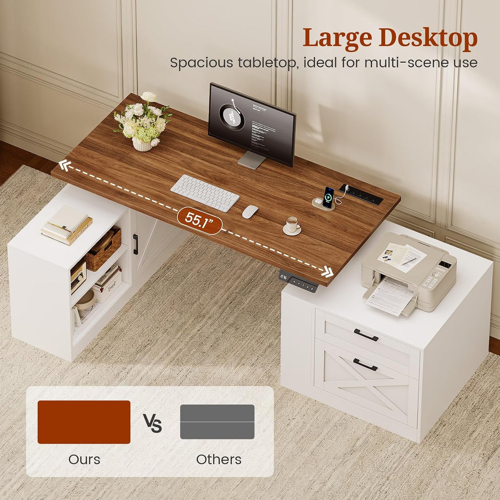 71" Farmhouse L Shaped Standing Desk, Electric Height Adjustable Corner Desk with Storage Cabinet & File Drawers