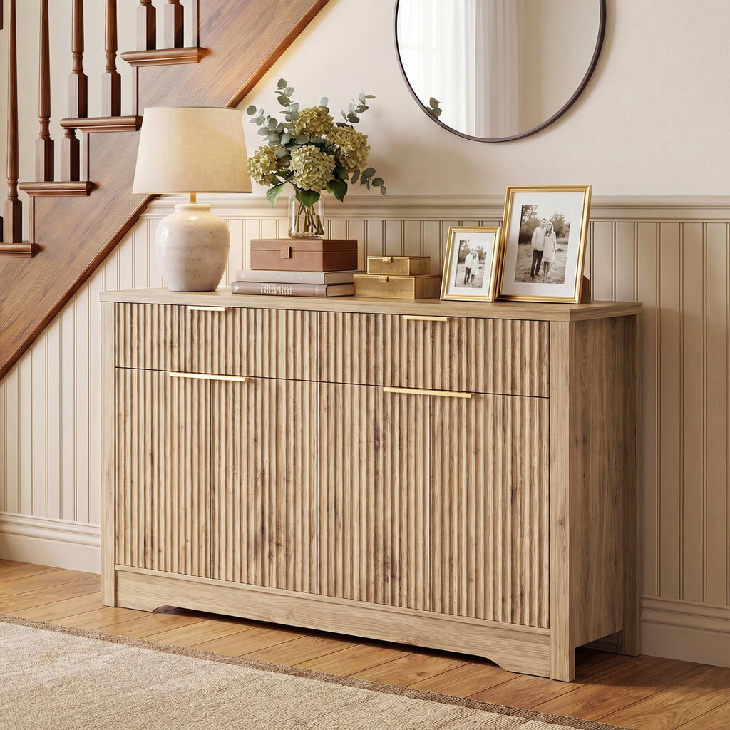 55" Fluted Sideboard Buffet Cabinet with Drawers, Natural Oak