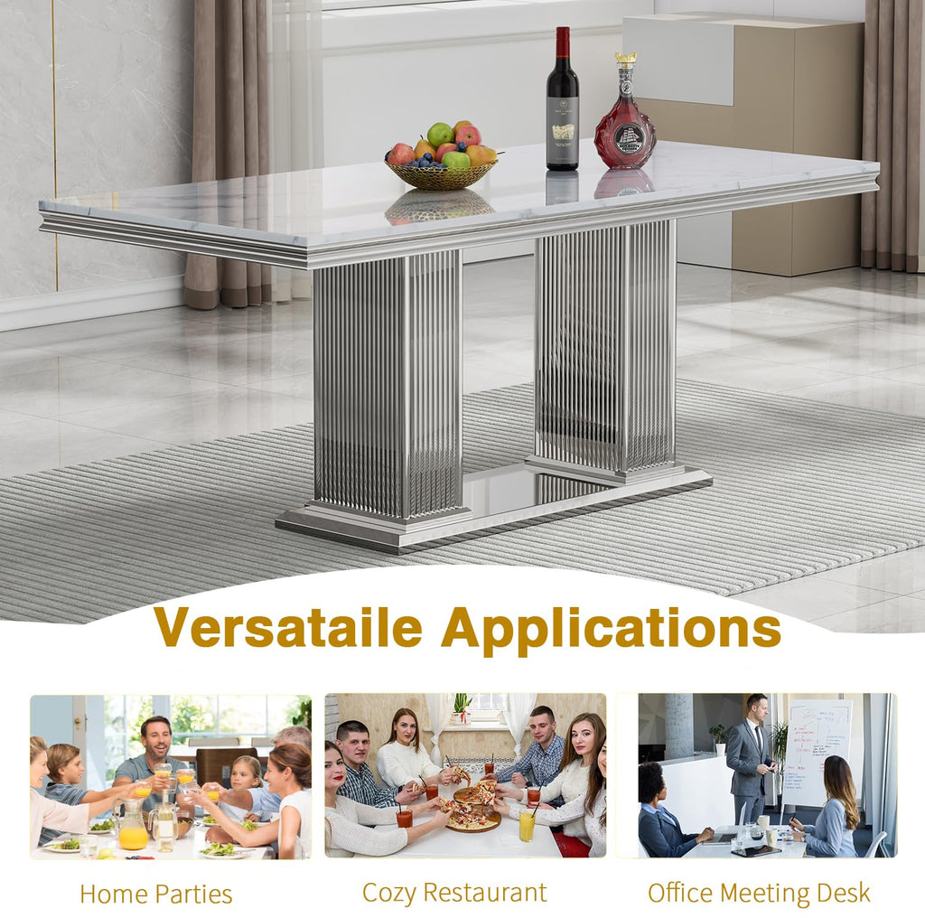 68'' Modern Faux Marble Dining Table for 4, Dual Pillar Silver Stainless Steel Pedestal, White Kitchen Table for 6
