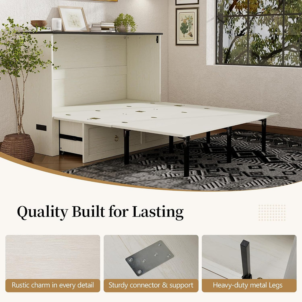 Queen Murphy Bed with Storage Drawer, Farmhouse Cabinet Bed with LED Lights & Charging Station, Space Saving Wall Bed