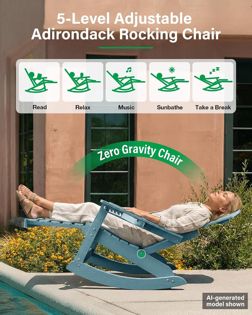Adirondack Rocking Chairs Set of 2, with Footrest, All-Weather, Blue | 5- Level Adjustable Backrest, Retractable