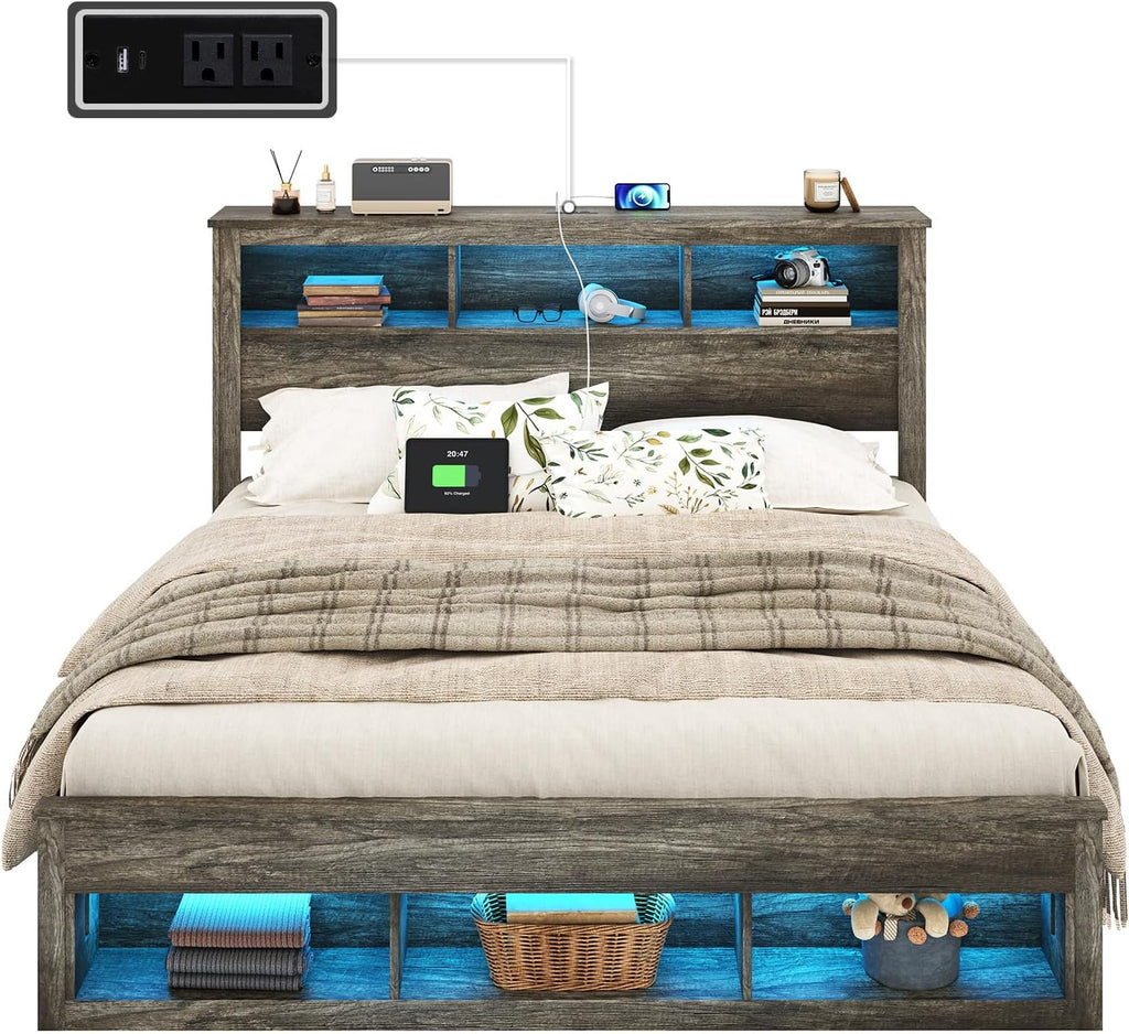 King Bed Frame with 47.2" Bookcase Storage Headboard & Footboard, Farmhouse Wooden Platform Bed with LED Light &