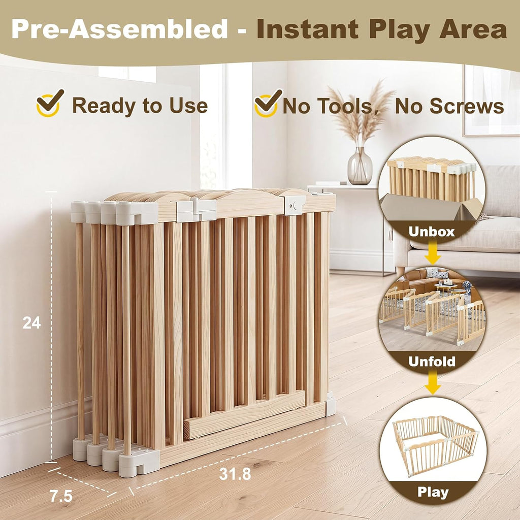 Foldable Wooden Baby Playpen, Pre-Assembled Pine Wood Play Pen, 60x60x24in | Adjustable Shape & Size Large Baby Fence