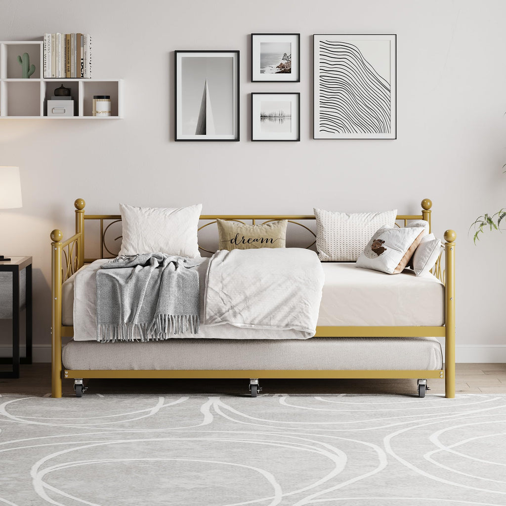 Daybed with Trundle Bed, Twin Size Day Bed with Floral Headboard, Metal Sofa Bed Frame with Pull-Out Trundle, Heavy