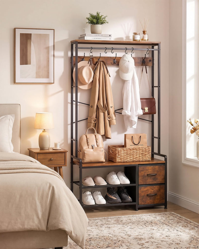 Hall Tree with Bench and Shoe Storage, Rustic Brown