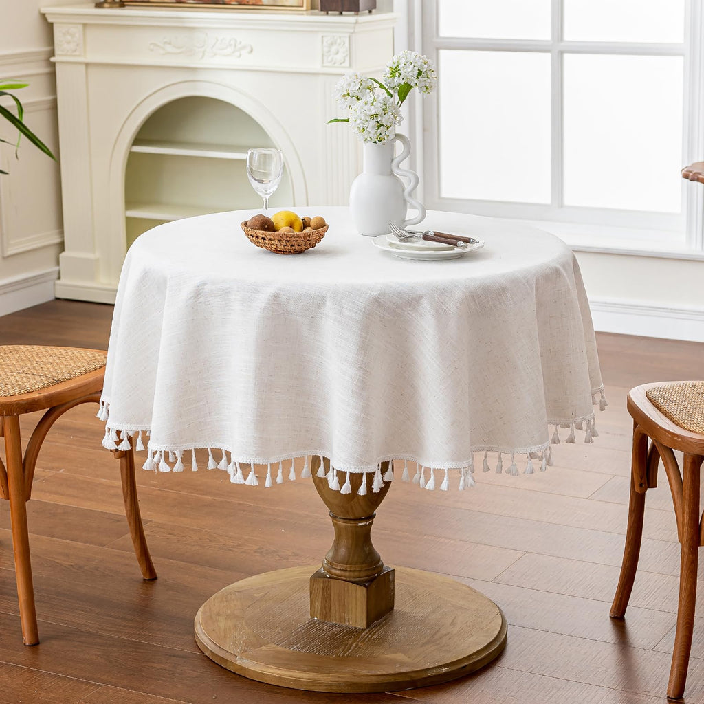 Cream Round Tablecloth 55 Inch, Linen Look