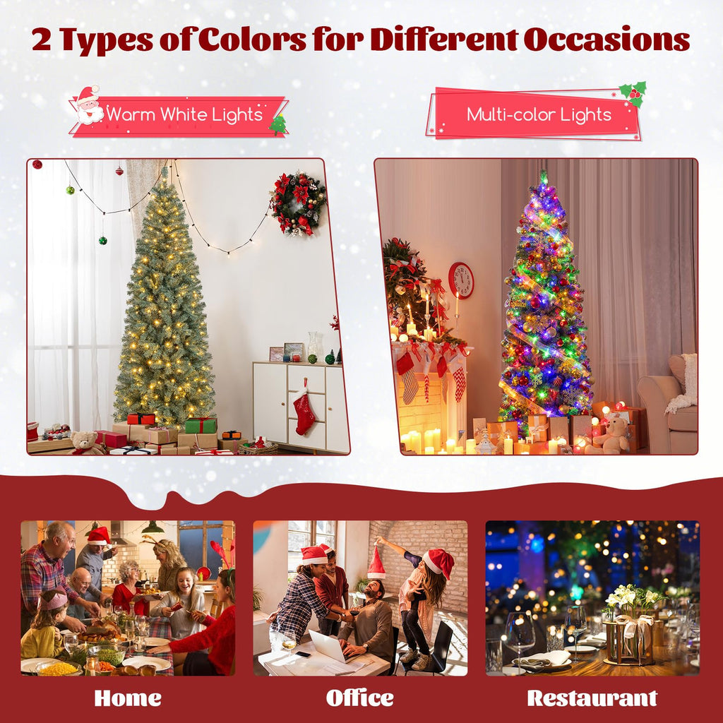 7.5 FT Pre-lit Pencil Christmas Tree, Hinged Artificial Xmas Tree w/ 724 Blue Branch Tips, 250 Warm White &
