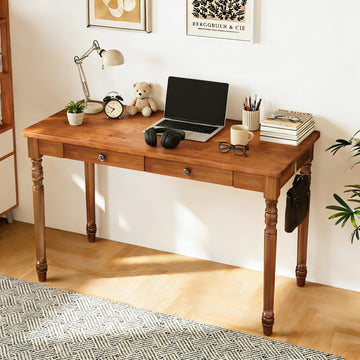 100% Solid Wooden Desk with Drawers - 47.2" Mid Century Modern Desk with 2 Hooks, Vintage Writing Desk with Drawers