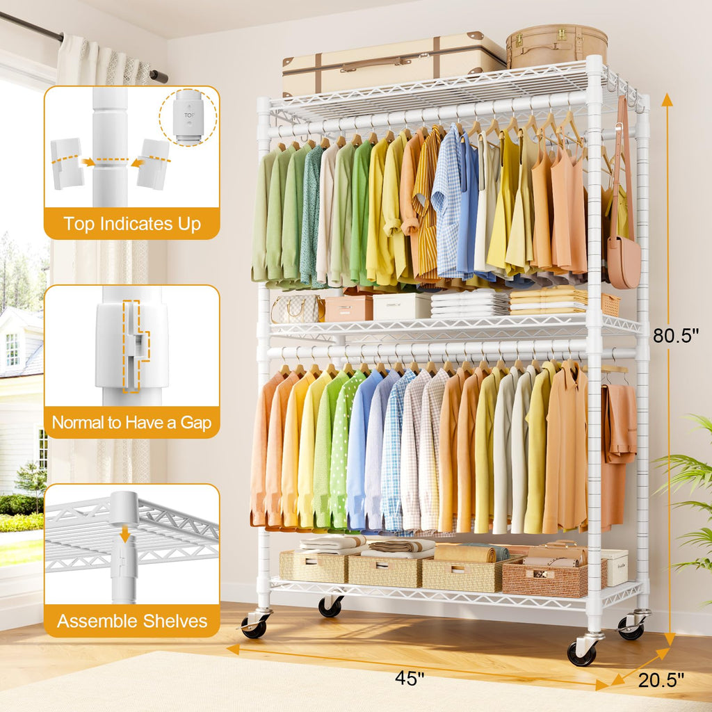 Rolling Clothes Rack, Clothing Racks for Hanging Clothes, White