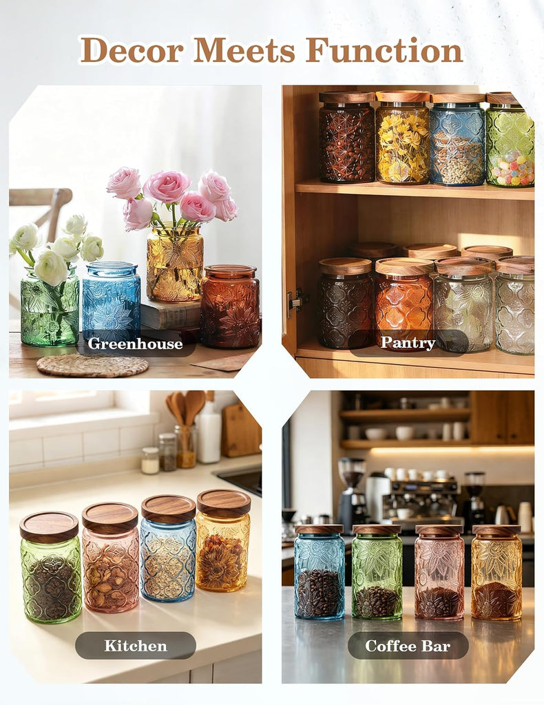 Glass Jar with Airtight Wood Lid - 34 OZ Kitchen Bathroom Pantry Canister, Decorative Vintage Storage Container - Set of 4