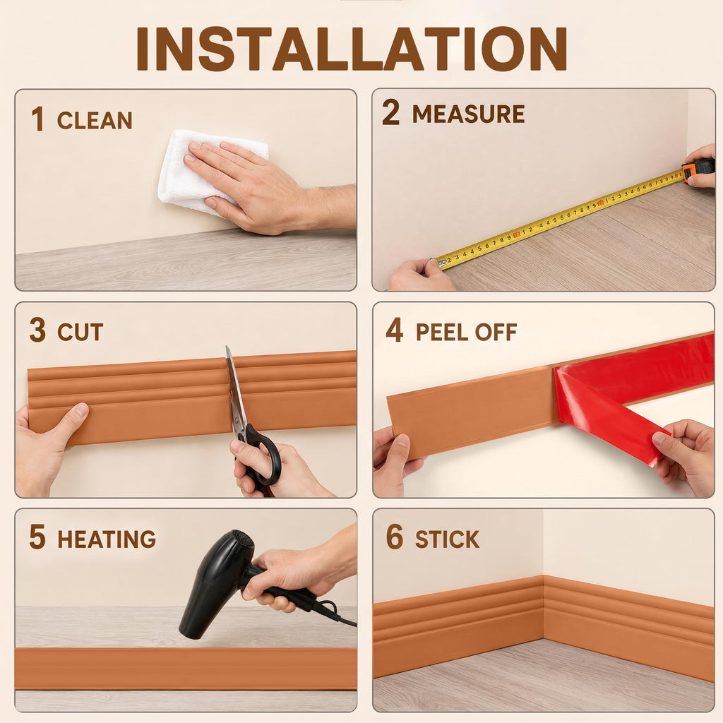 Baseboard Molding Trim 4" x 10 Feet,Peel and Stick Vinyl Wall Base Brown