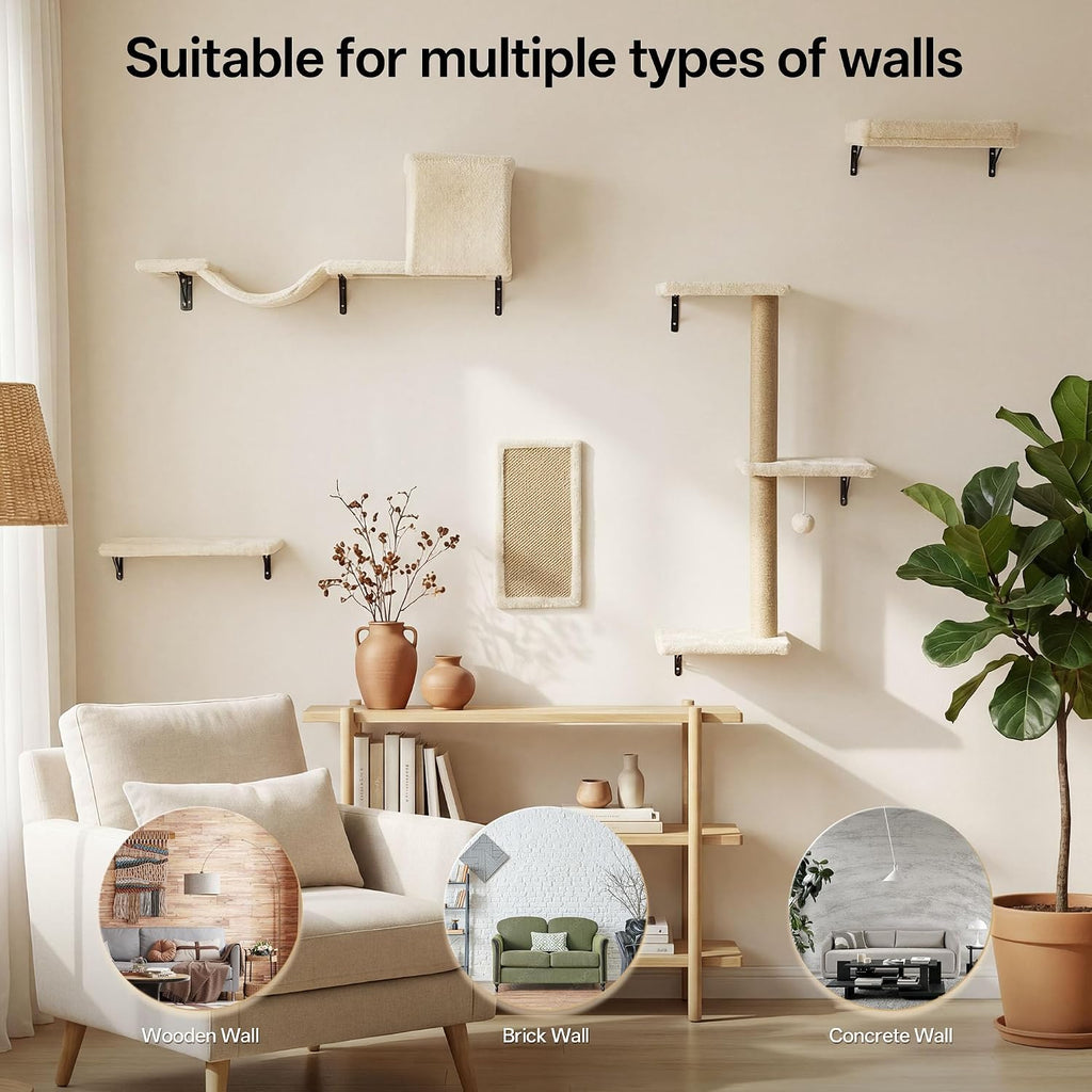 Cat Wall Shelves, 5-in-1 Cat Wall Furniture Set, Beige