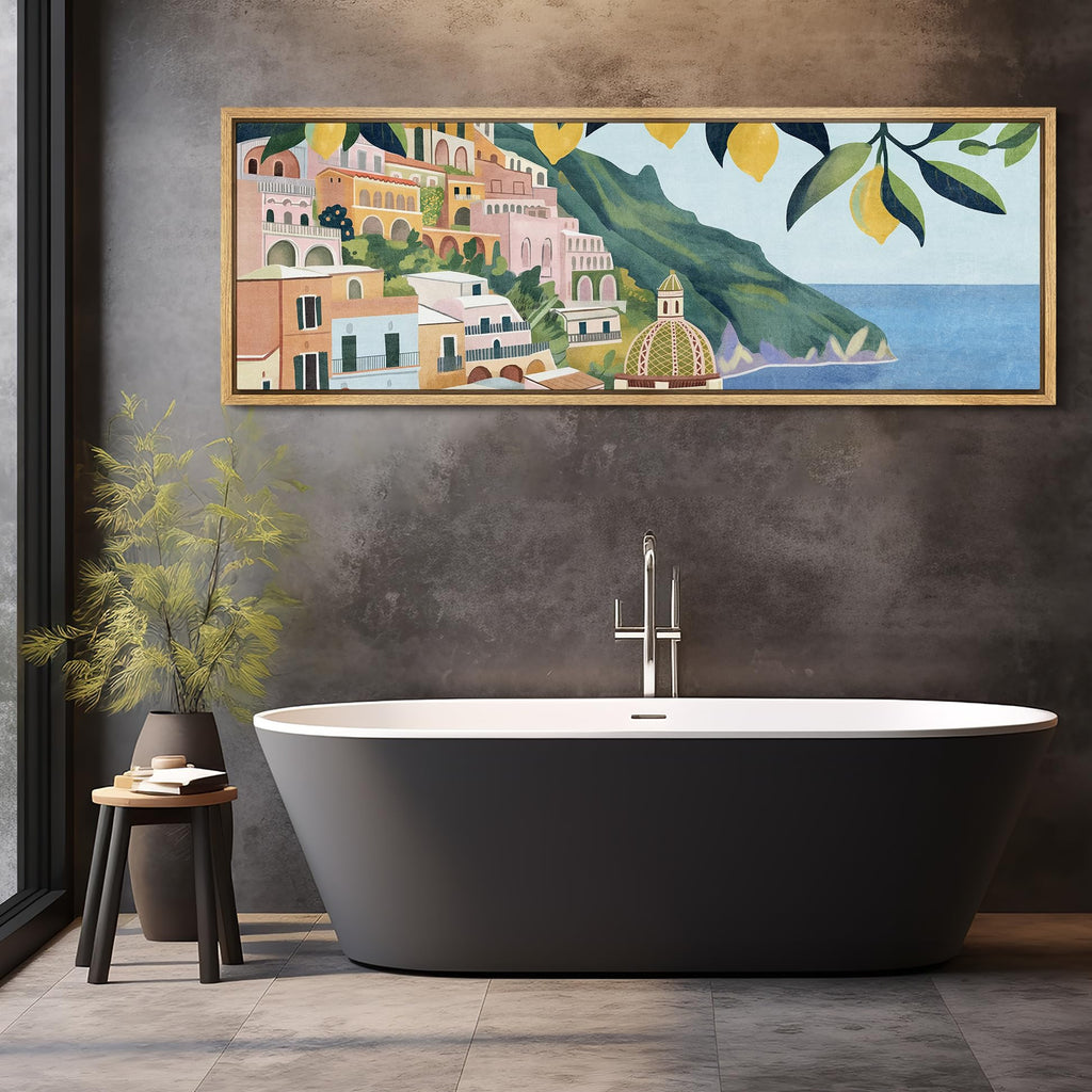Large Framed Canvas Print Wall Art Mediterranean Coastal Village with Lemon Tree Antique Retro Fine Art Illustrations