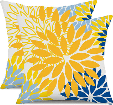 Yellow Blue Flower Pillow Covers 18x18 Inch Set of 2 White Gray Colored Throw Pillows Outdoor Waterproof Decor