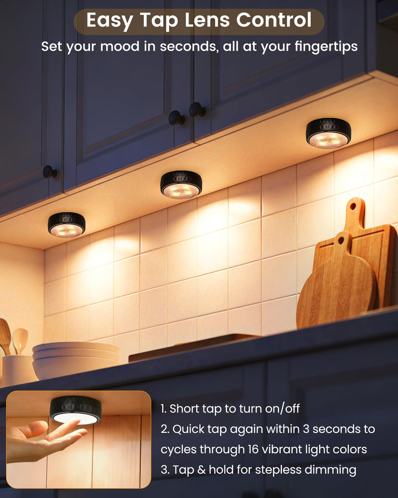 Puck Lights with Remote, 3 White Tones & 13 Colors, Black-6 Pack