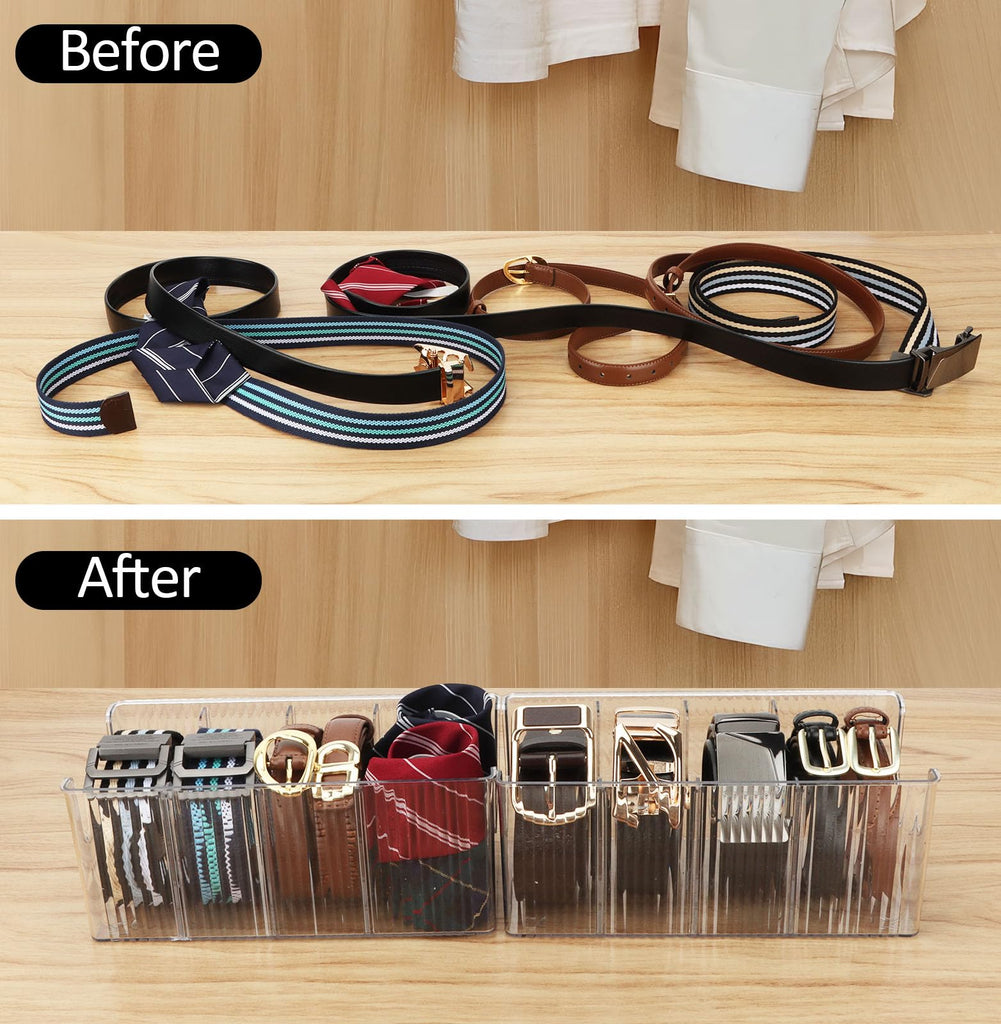 Acrylic Belt Organizer - 2 Pack with Adjustable 4 Compartments & Stackable Design, Clear Storage for Closet and