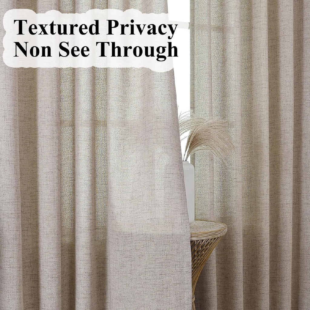 Taupe Flax Linen Pinch Pleat Curtains Drapes 102 Inches Long 2 Panel Thick | Semi Sheers Light Filtering Curtain