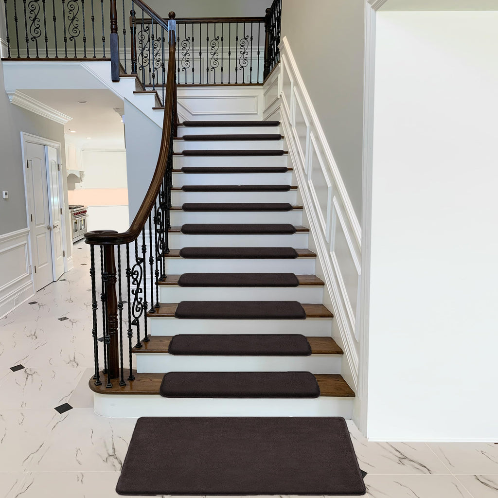 Bullnose Carpet Stair Treads Ultra Plush Dark Brown 14 Pcs