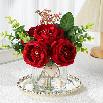 Red Austin Roses in Vase with Faux Water, Flower Centerpieces for Tables
