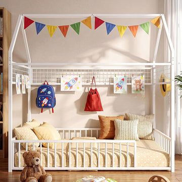 Floor Bed Frame with Fence Guardrails and Roof, White