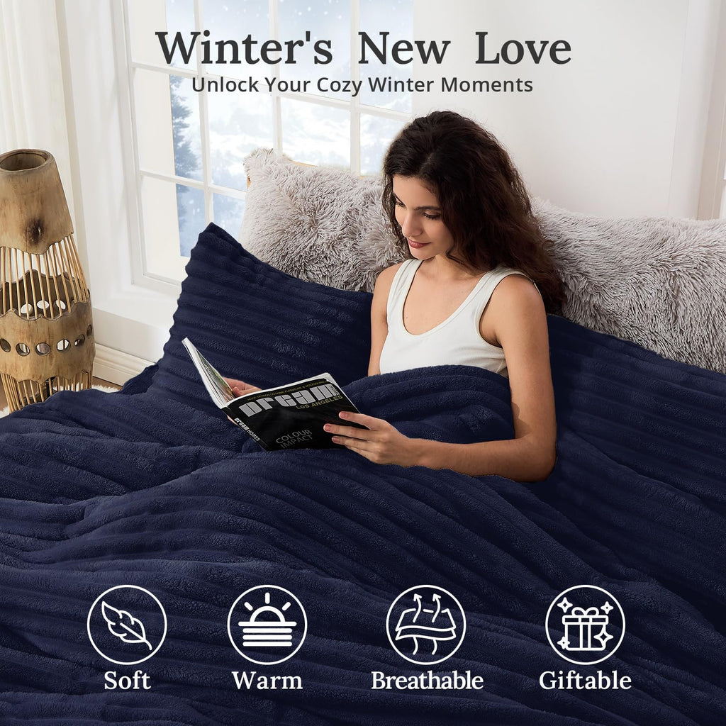 Fluffy Comforter Set, 3 PC Soft Fleece Bedding, Navy Blue