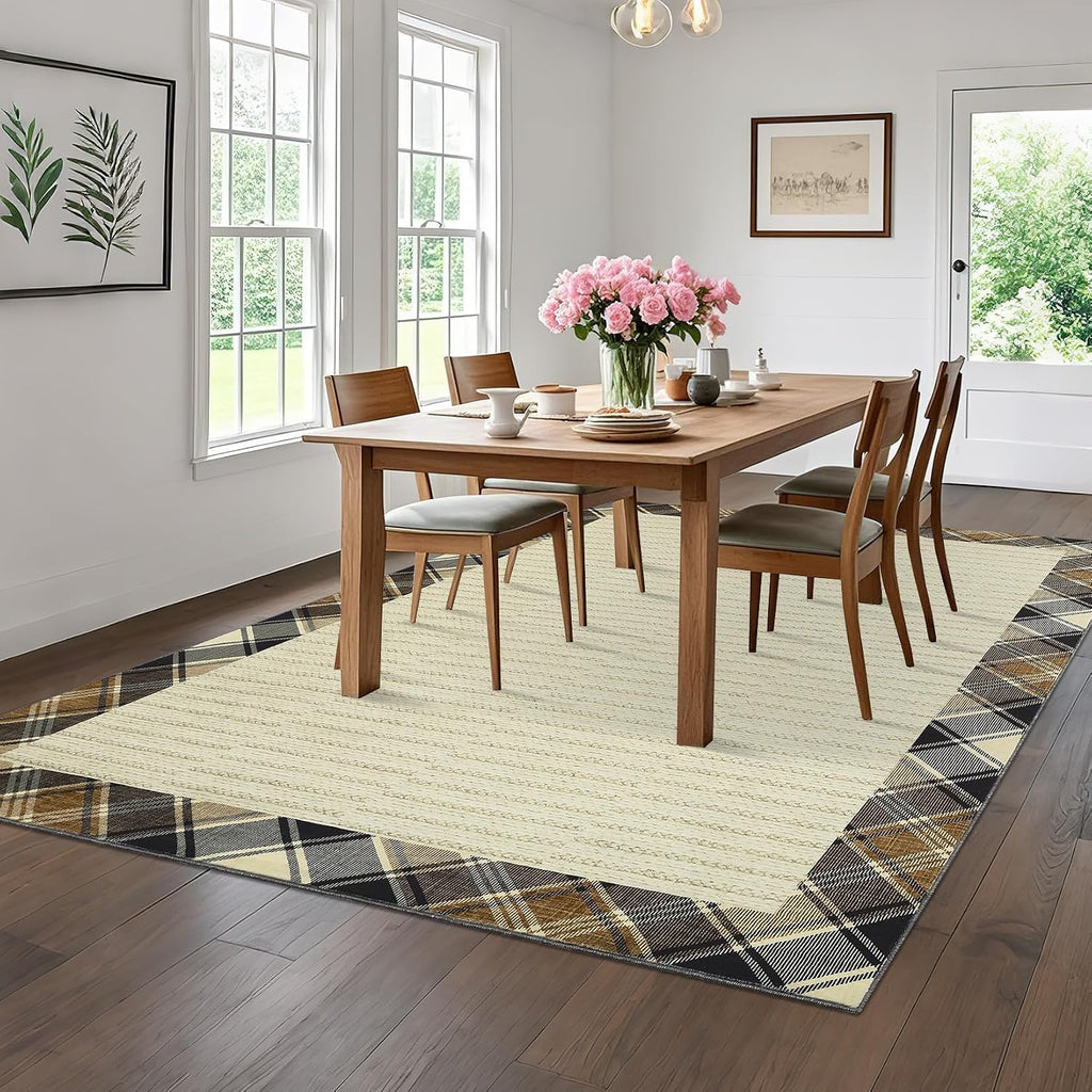 Extra-Large Machine Washable Area Rugs 10x13 Modern Plaid Bordered Living Room Rug with Anti-Skid Rubber Backing