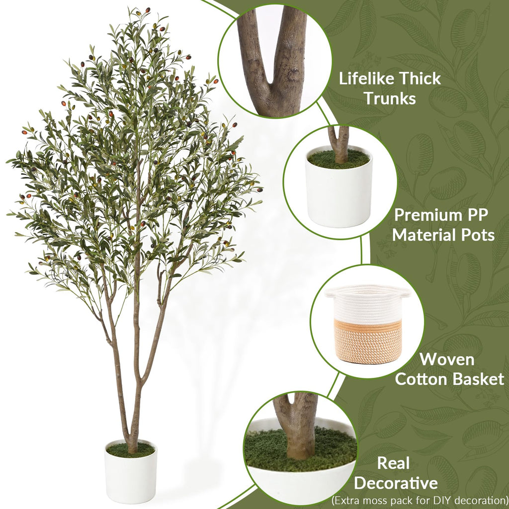 7FT Olive Trees Artificial Indoor with Planter&Basket, Tall Faux Olive Tree