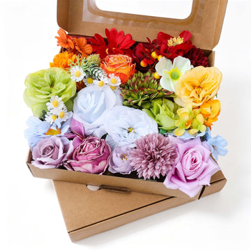 2Boxs Artificial Combo Box Set, 38pcs Mix Dahlia Silk Roses, Daisy & with Stems for DIY Wedding Bouquets, Bridal