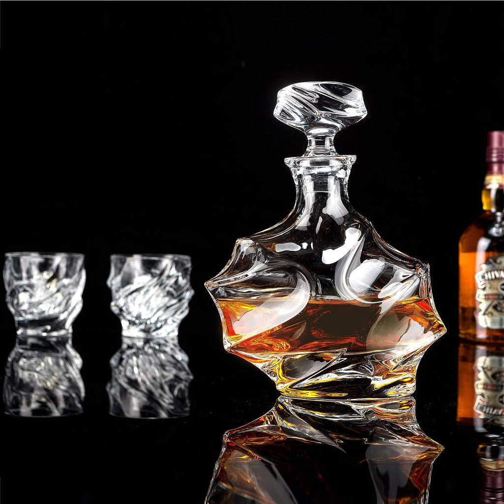 Whiskey Decanter Set - 25 Oz Crystal Liquor Decanter Carafe with 4 Rock Glasses 9 Oz For Bourbon, Scotch, Vodka, Rum - Set of 5