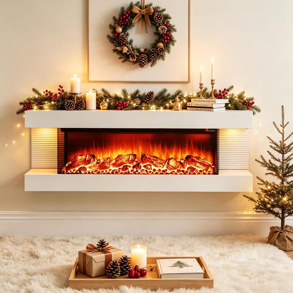 3 Sided Wall Mount Electric Fireplace w/ 50" Floating Mantel, White