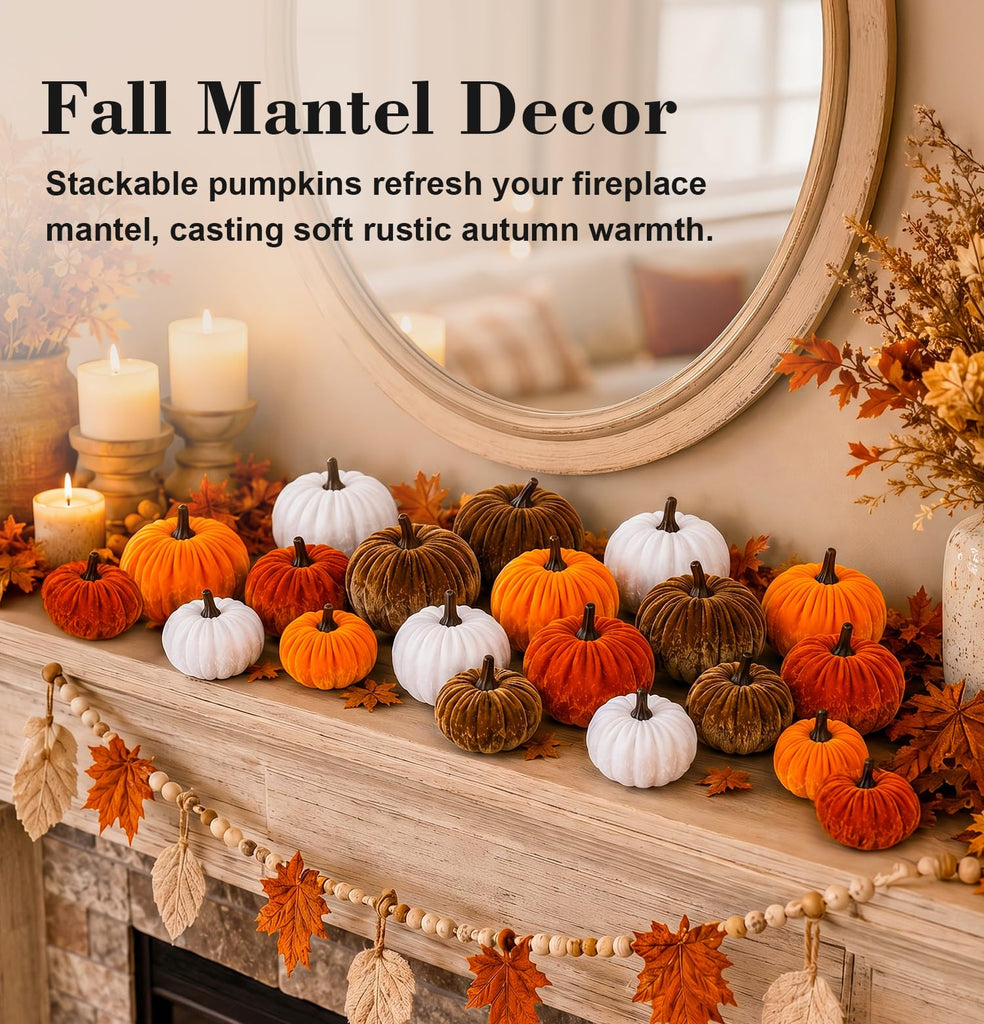 Fall Pumpkin Decor, 20 PCS Fall Decorations Fake Artificial Velvet Pumpkins with 4 Size & Color, Autumn Thanksgiving