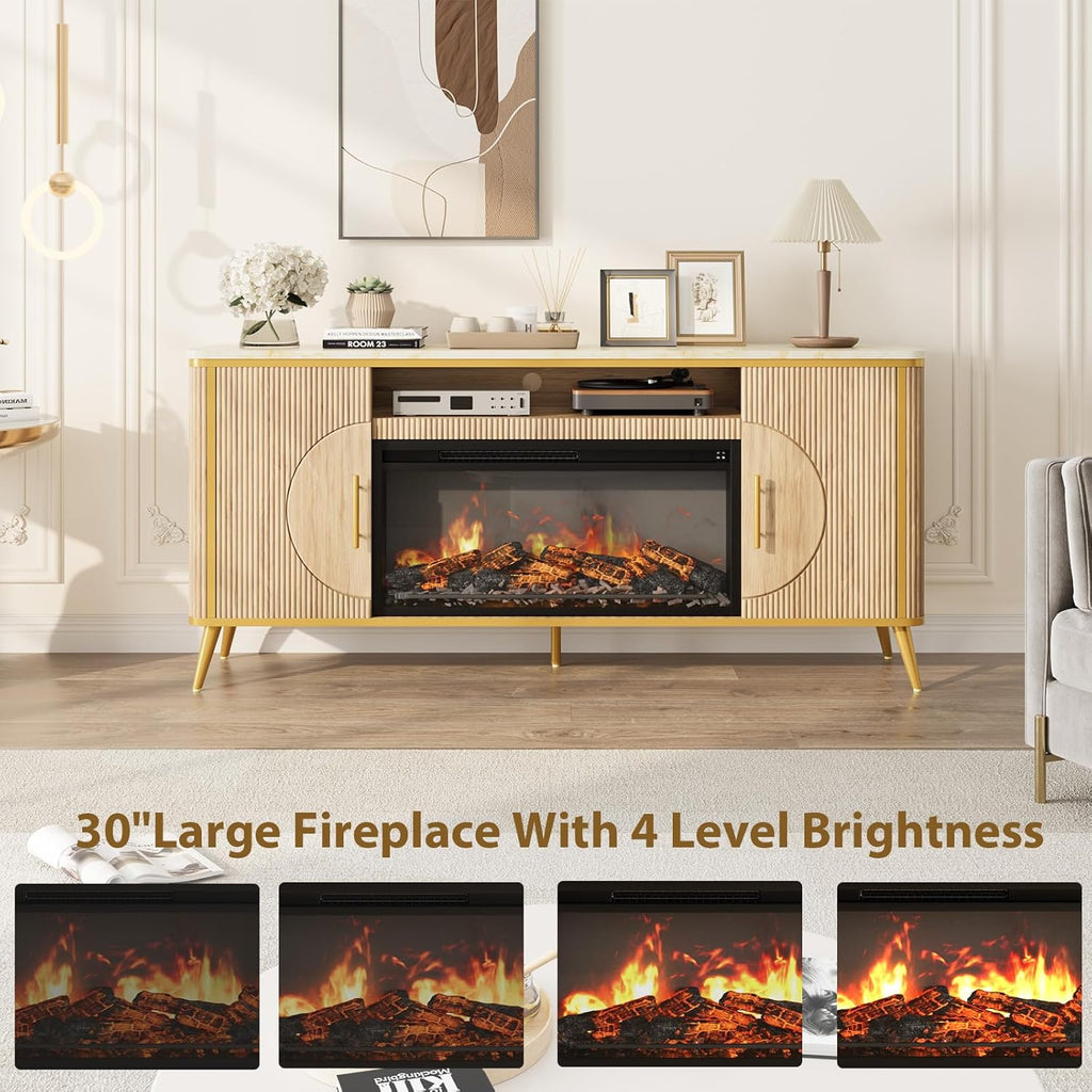 Fluted Fireplace TV Stand Up to 80" TVs, Modern Entertainment Center with 30" Electric Fireplace, Luxury Media