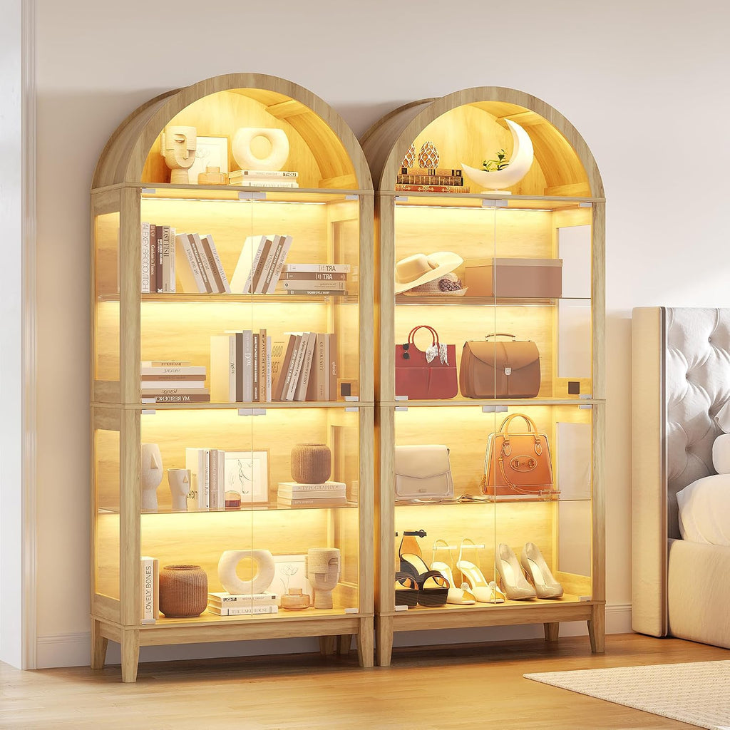 Arched Glass Display Cabinet with RGB Dimmable LED Lights, Natural | 5-Tier Bookshelf with Glass Doors, 69" Curio
