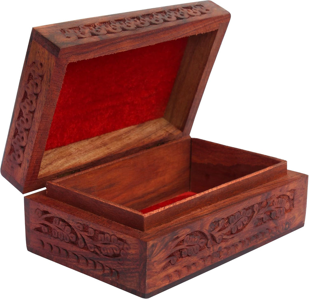 Handmade Wooden Keepsake Storage Case Jewelry Box Jewel Organizer - Floral Hand Carvings with Brass Inlay - Gifts