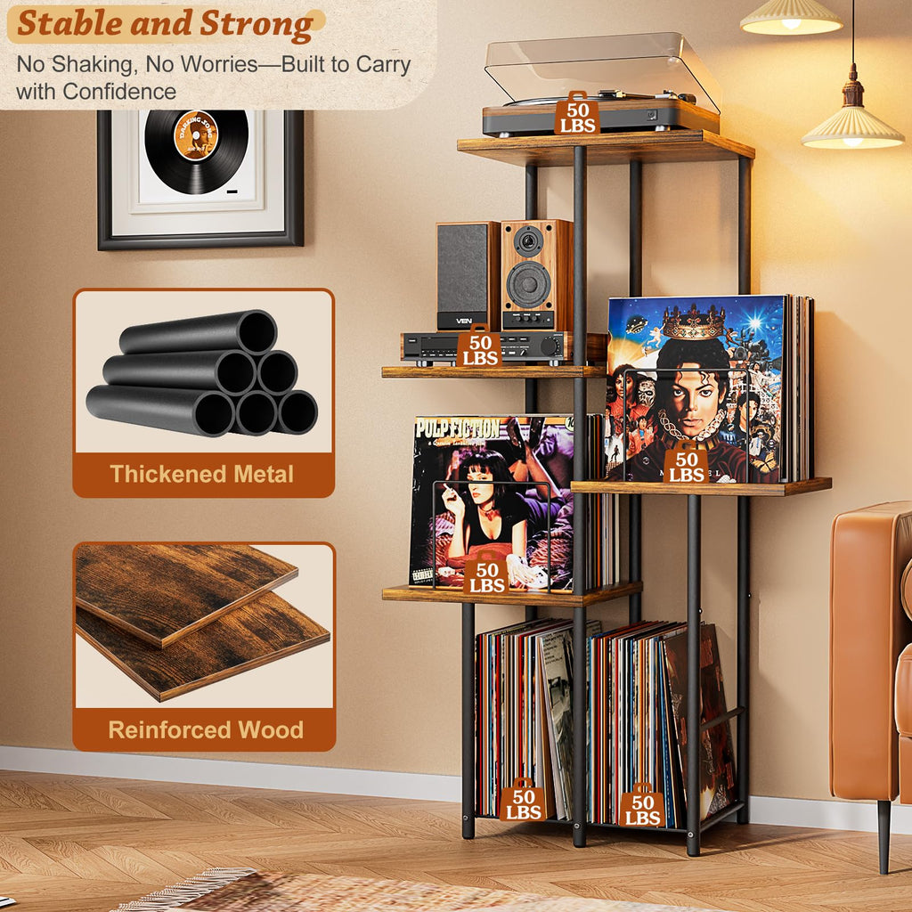 Record Player Stand, Vinyl Record Storage Holder with Display Shelf, Turntable Stand Table with Vinyl Organizer