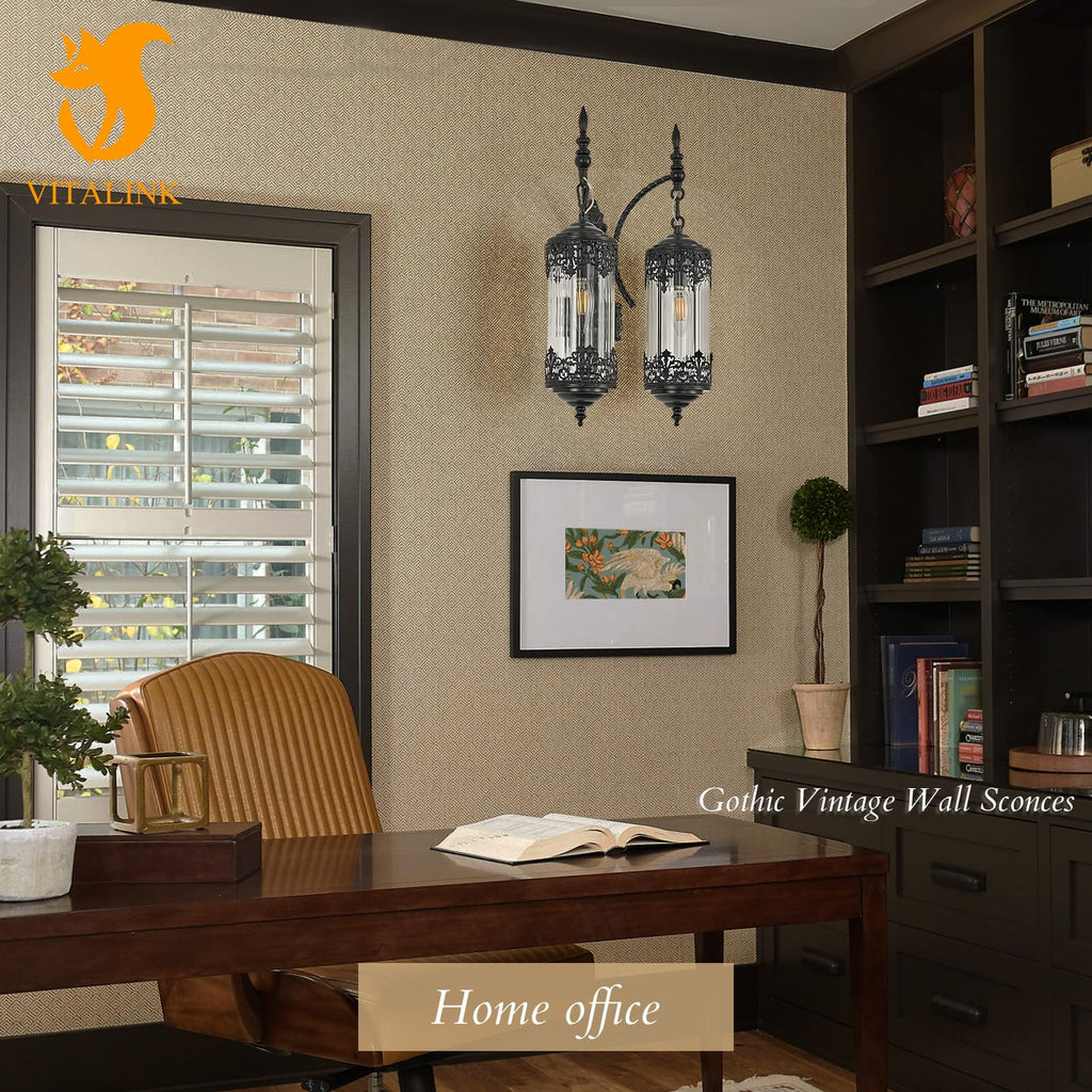Rustic Wall Sconces, 2-light Hardwired Gothic Black Glass Wall Sconce