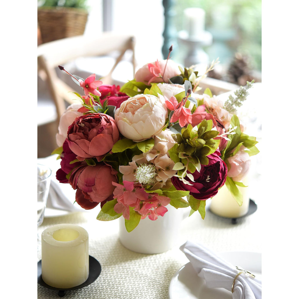 Pinkish Red and Dusty Pink Vintage Artificial Peonies Silk Flowers and Hydrangeas for Wedding Bridal Home Decor