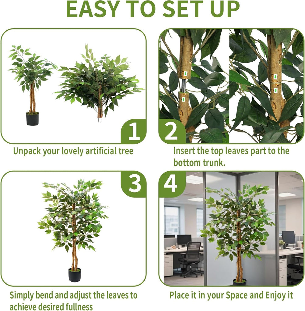 6FT Artificial Ficus Tree, Tall Realistic Faux Tree, Large Fake Potted Greenery Low-Maintenance Decor Porch, Plantas