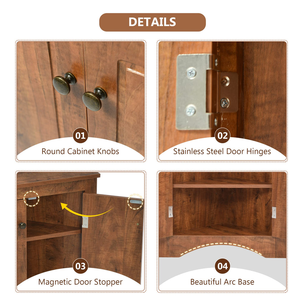 Corner Storage Cabinet with Two Doors, Adjustable Shelf, Freestanding Floor Space Saver, Brown