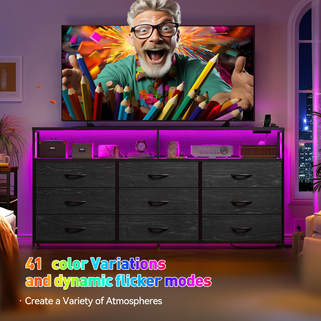 55" W Dresser with Charging Station & LED Light, Black