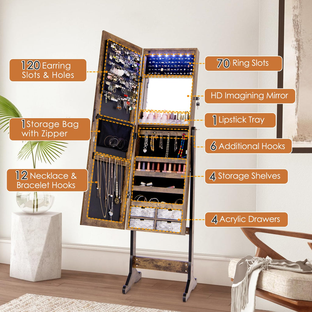 Jewelry Cabinet Freestanding, Lockable Jewelry Armoire Organizer with Full-length Frameless Mirror, Drawers, Inner
