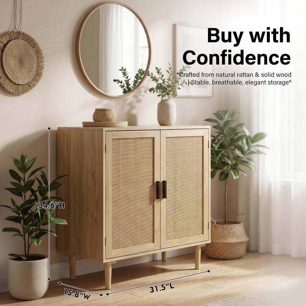 Sideboard Buffet Cabinet, Kitchen Storage Sideboard with Rattan Decorated Doors, Liquor Coffee Buffet, Dining Room