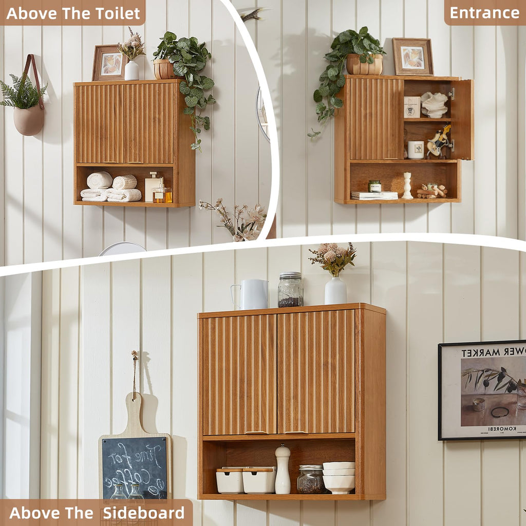 Retro Fluted Bathroom Wall Cabinet, Wall-Mounted Medicine Cabinet